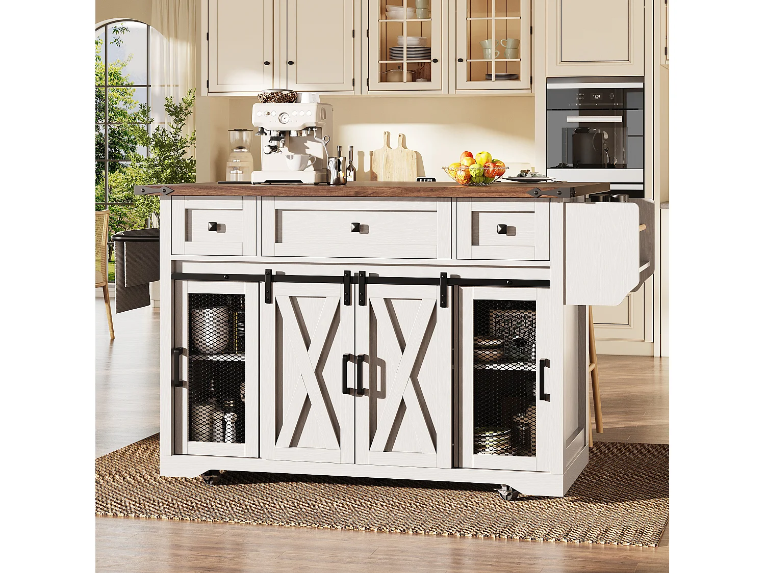 Îlot central mobile - 120.2 x 45.3/75 x 91.5 cm - avec plan de travail extensible + prise - MDF - blanc