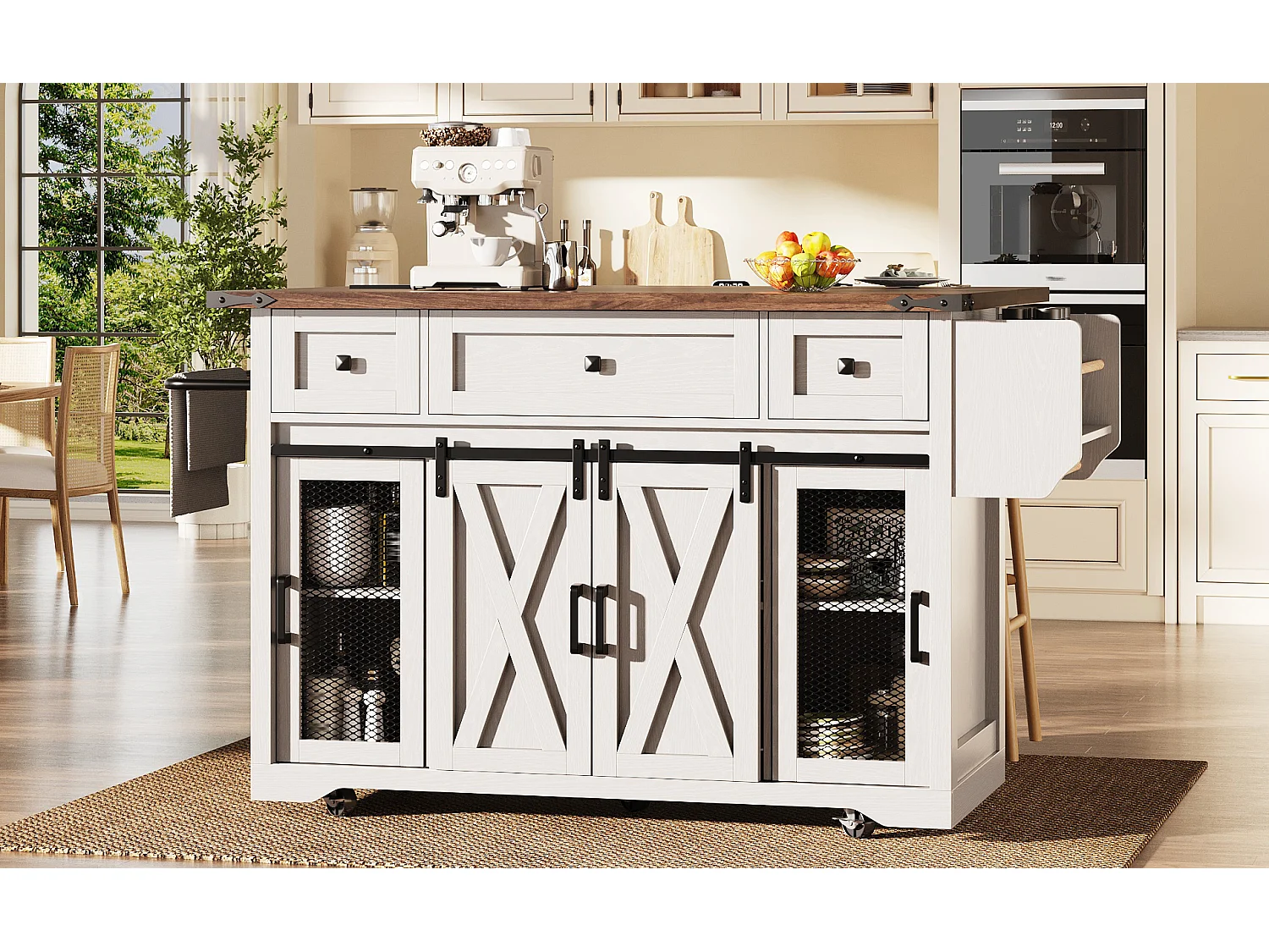 Îlot central mobile - 120.2 x 45.3/75 x 91.5 cm - avec plan de travail extensible + prise - MDF - blanc