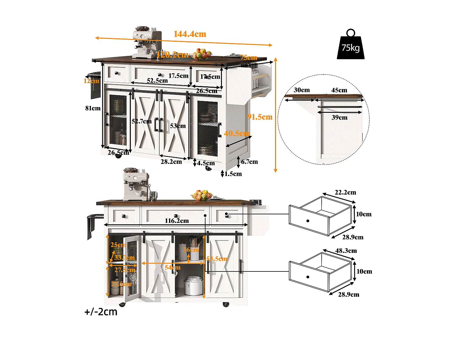 Îlot central mobile - 120.2 x 45.3/75 x 91.5 cm - avec plan de travail extensible + prise - MDF - blanc
