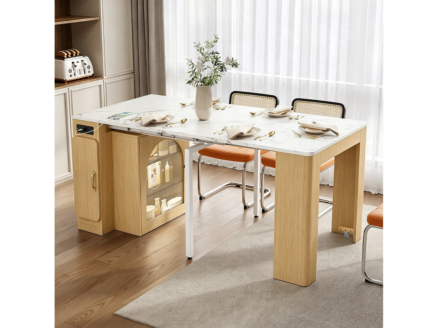 Table à manger extensible avec plateau amovible - 83 x 39.6/79.6/149.6 x 77 cm - avec rangement - MDF + verre - naturel