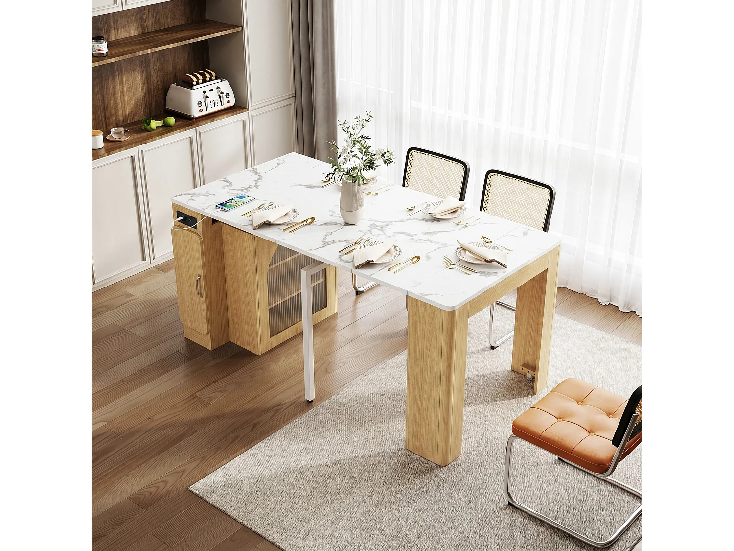 Table à manger extensible avec plateau amovible - 83 x 39.6/79.6/149.6 x 77 cm - avec rangement - MDF + verre - naturel