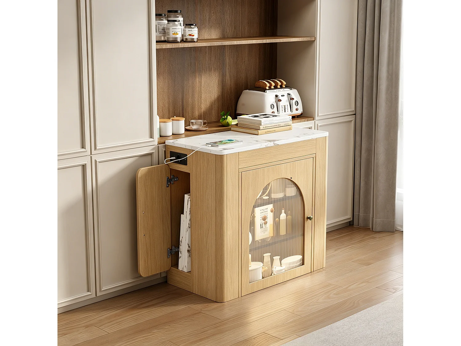 Table à manger extensible avec plateau amovible - 83 x 39.6/79.6/149.6 x 77 cm - avec rangement - MDF + verre - naturel