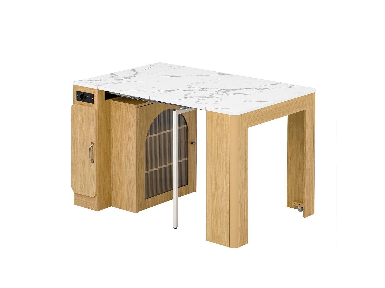 Table à manger extensible avec plateau amovible - 83 x 39.6/79.6/149.6 x 77 cm - avec rangement - MDF + verre - naturel