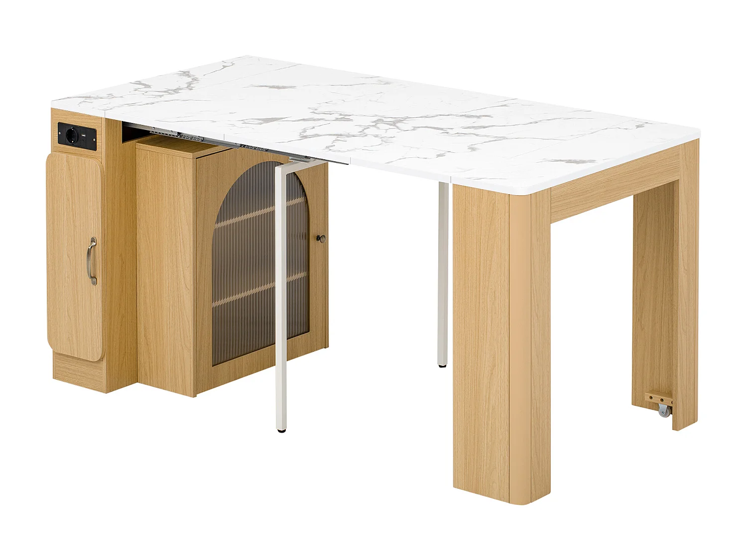 Table à manger extensible avec plateau amovible - 83 x 39.6/79.6/149.6 x 77 cm - avec rangement - MDF + verre - naturel