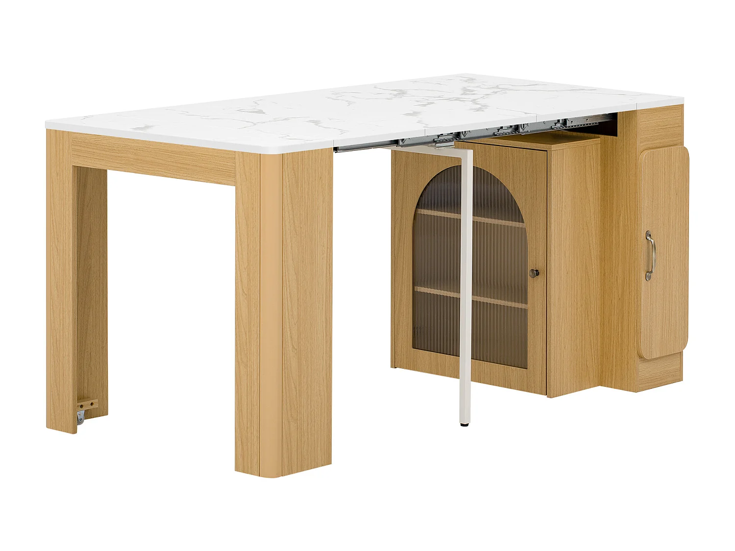 Table à manger extensible avec plateau amovible - 83 x 39.6/79.6/149.6 x 77 cm - avec rangement - MDF + verre - naturel