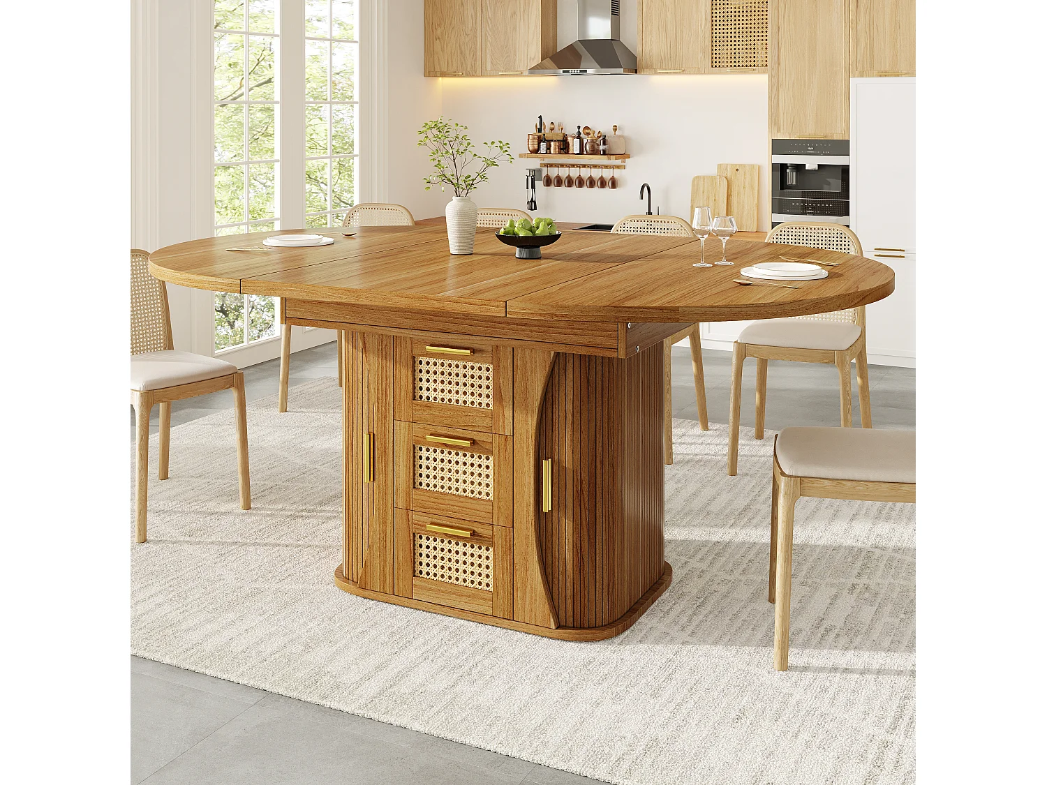 Table à manger extensible - 118/158 x 118 x 77.1 cm - avec portes + tiroirs en rotin - MDF - marron