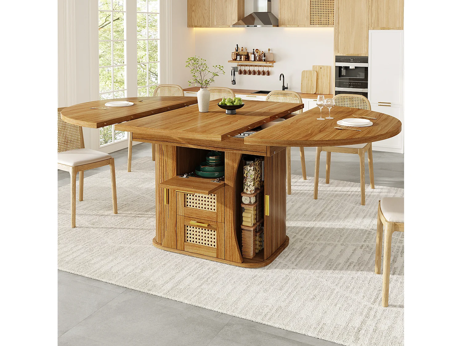 Table à manger extensible - 118/158 x 118 x 77.1 cm - avec portes + tiroirs en rotin - MDF - marron