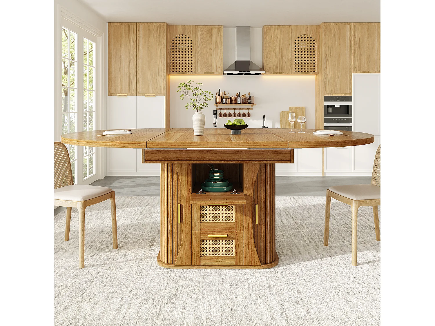 Table à manger extensible - 118/158 x 118 x 77.1 cm - avec portes + tiroirs en rotin - MDF - marron
