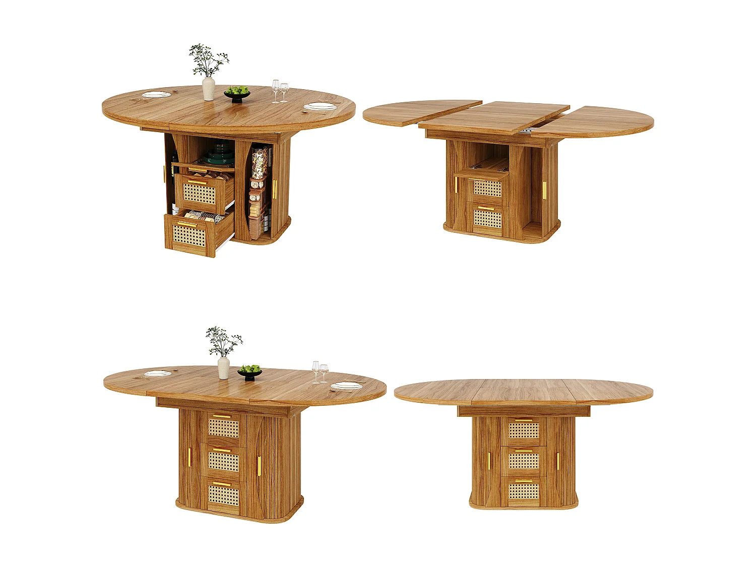 Table à manger extensible - 118/158 x 118 x 77.1 cm - avec portes + tiroirs en rotin - MDF - marron