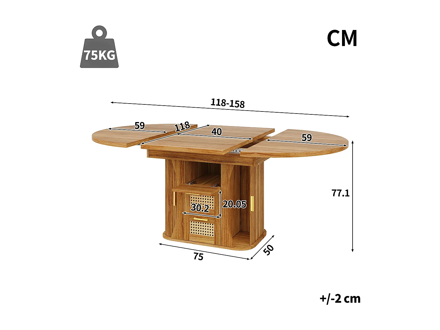 Table à manger extensible - 118/158 x 118 x 77.1 cm - avec portes + tiroirs en rotin - MDF - marron
