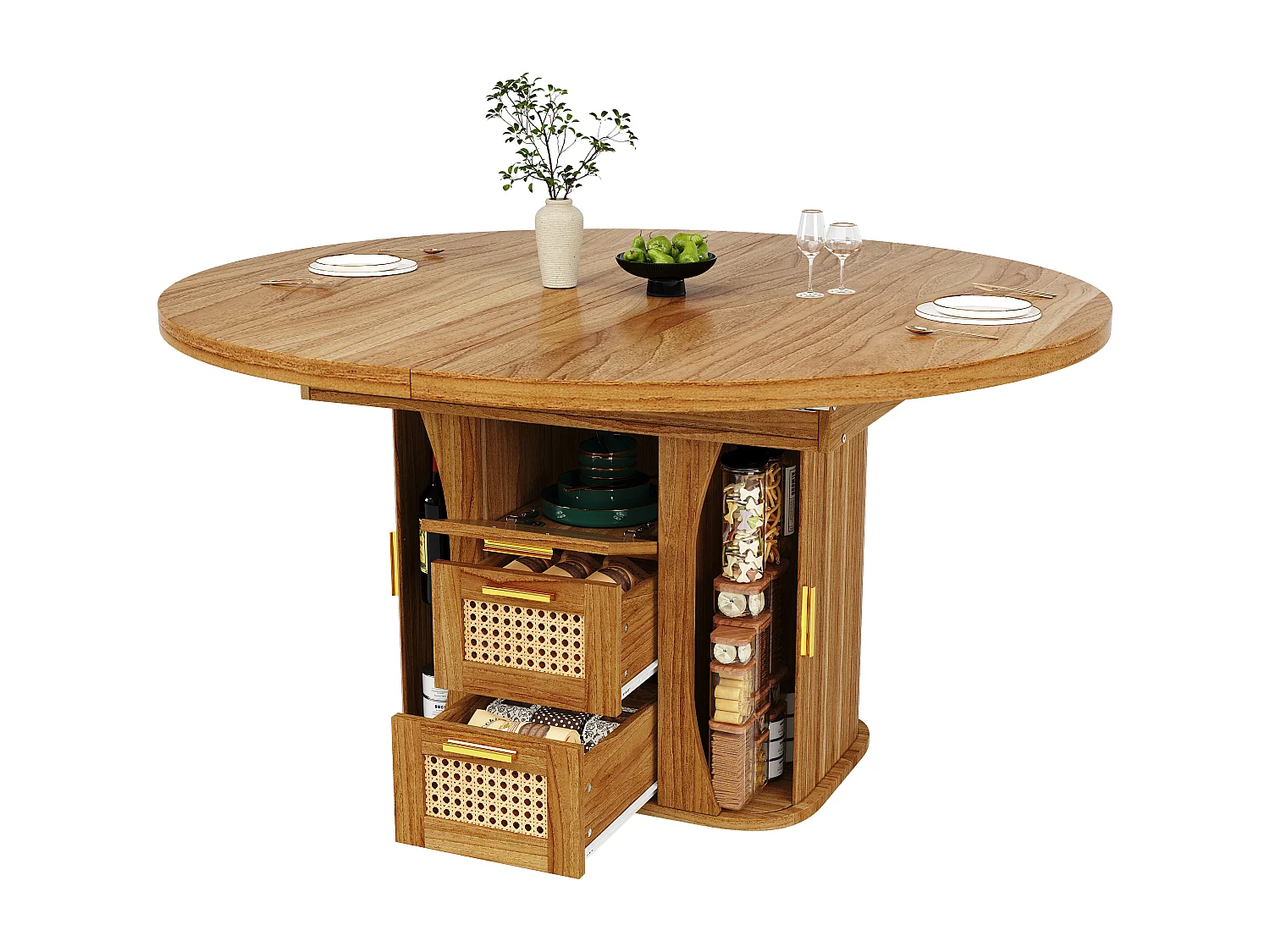 Table à manger extensible - 118/158 x 118 x 77.1 cm - avec portes + tiroirs en rotin - MDF - marron