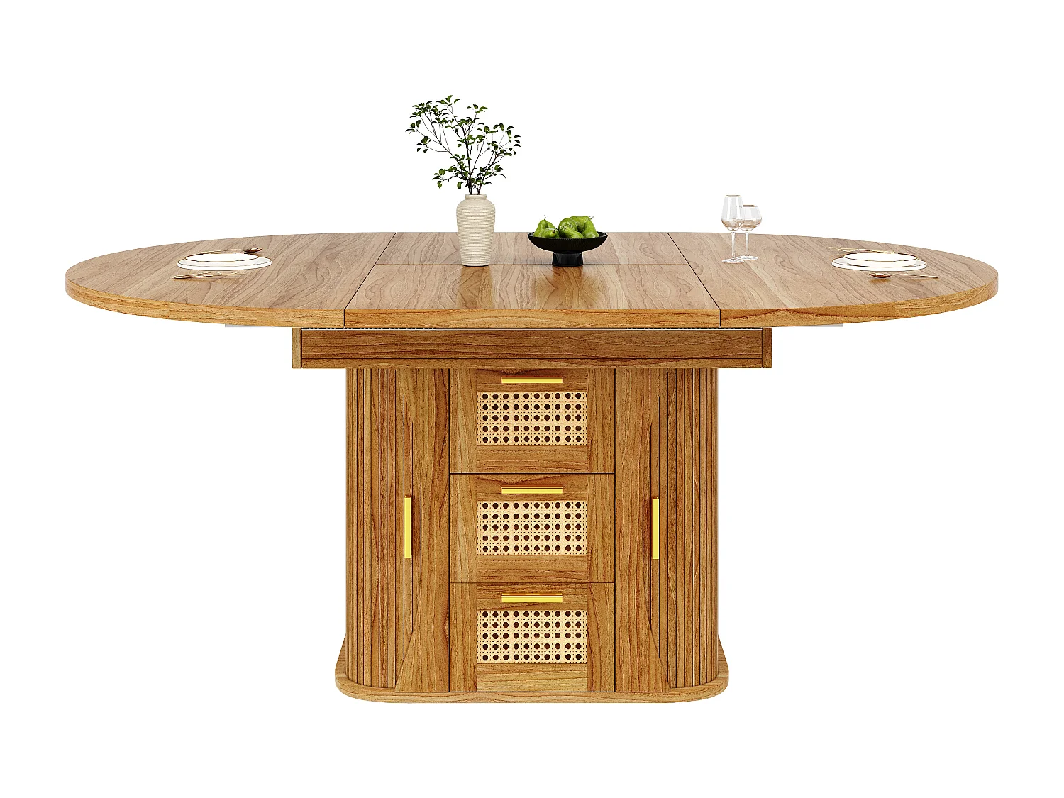 Table à manger extensible - 118/158 x 118 x 77.1 cm - avec portes + tiroirs en rotin - MDF - marron