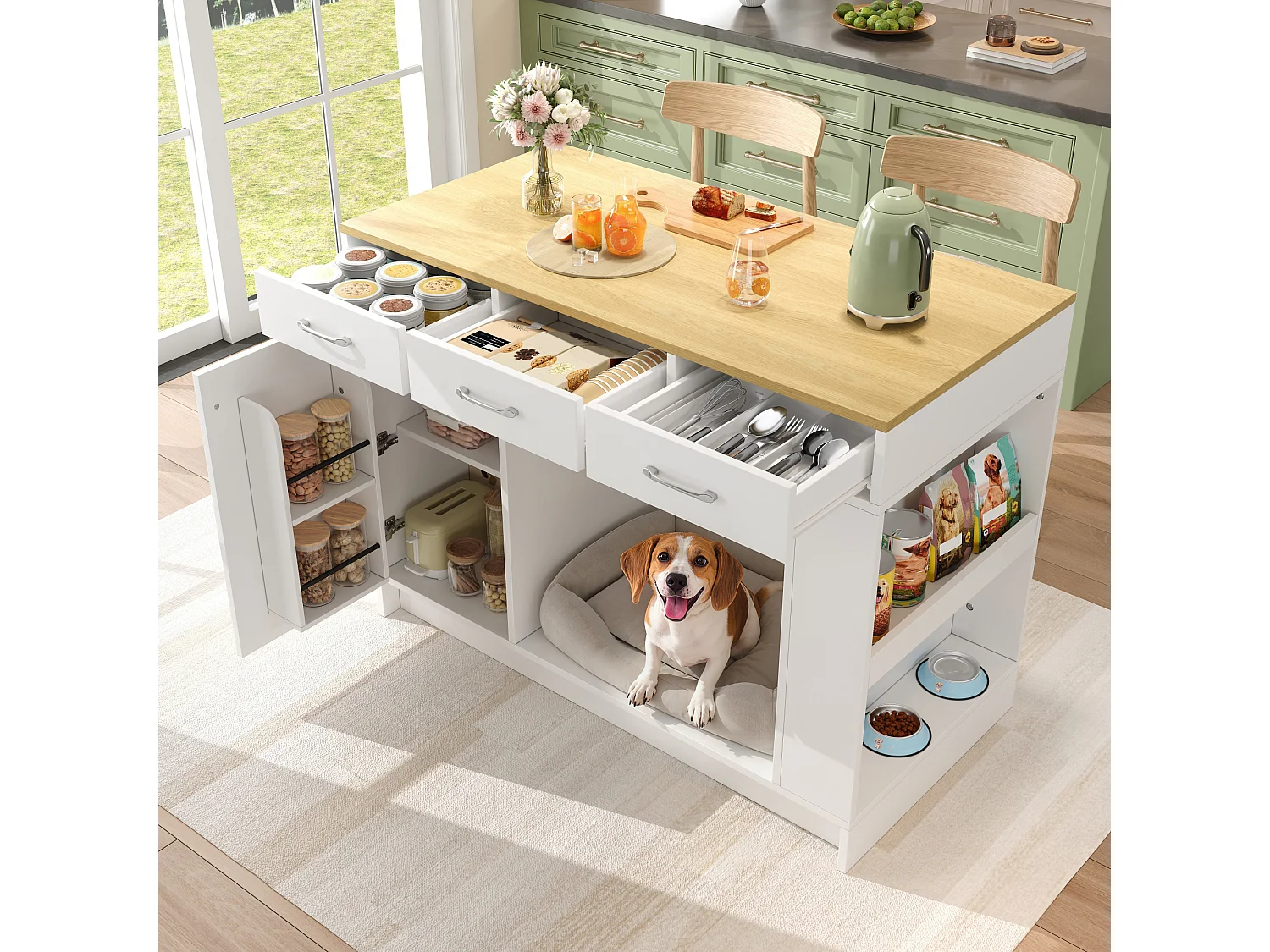 Îlot central cuisine - 120 x 60 x 90 cm - avec 3 tiroirs + 1 porte + espace pour animaux - MDF - blanc + naturel