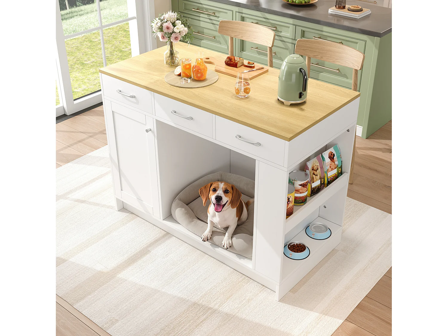 Îlot central cuisine - 120 x 60 x 90 cm - avec 3 tiroirs + 1 porte + espace pour animaux - MDF - blanc + naturel
