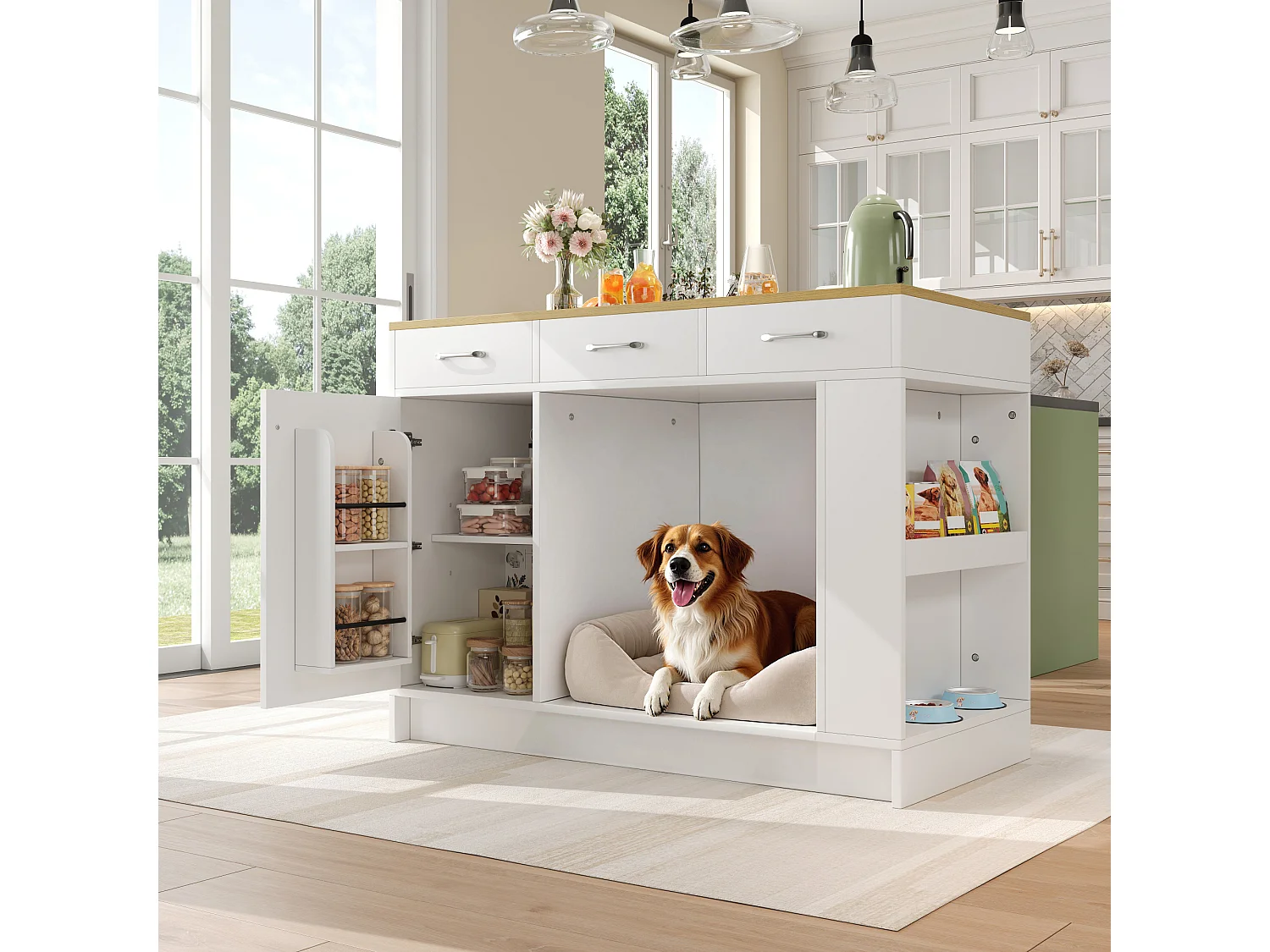 Îlot central cuisine - 120 x 60 x 90 cm - avec 3 tiroirs + 1 porte + espace pour animaux - MDF - blanc + naturel