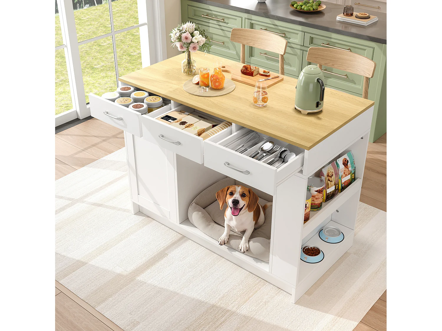 Îlot central cuisine - 120 x 60 x 90 cm - avec 3 tiroirs + 1 porte + espace pour animaux - MDF - blanc + naturel