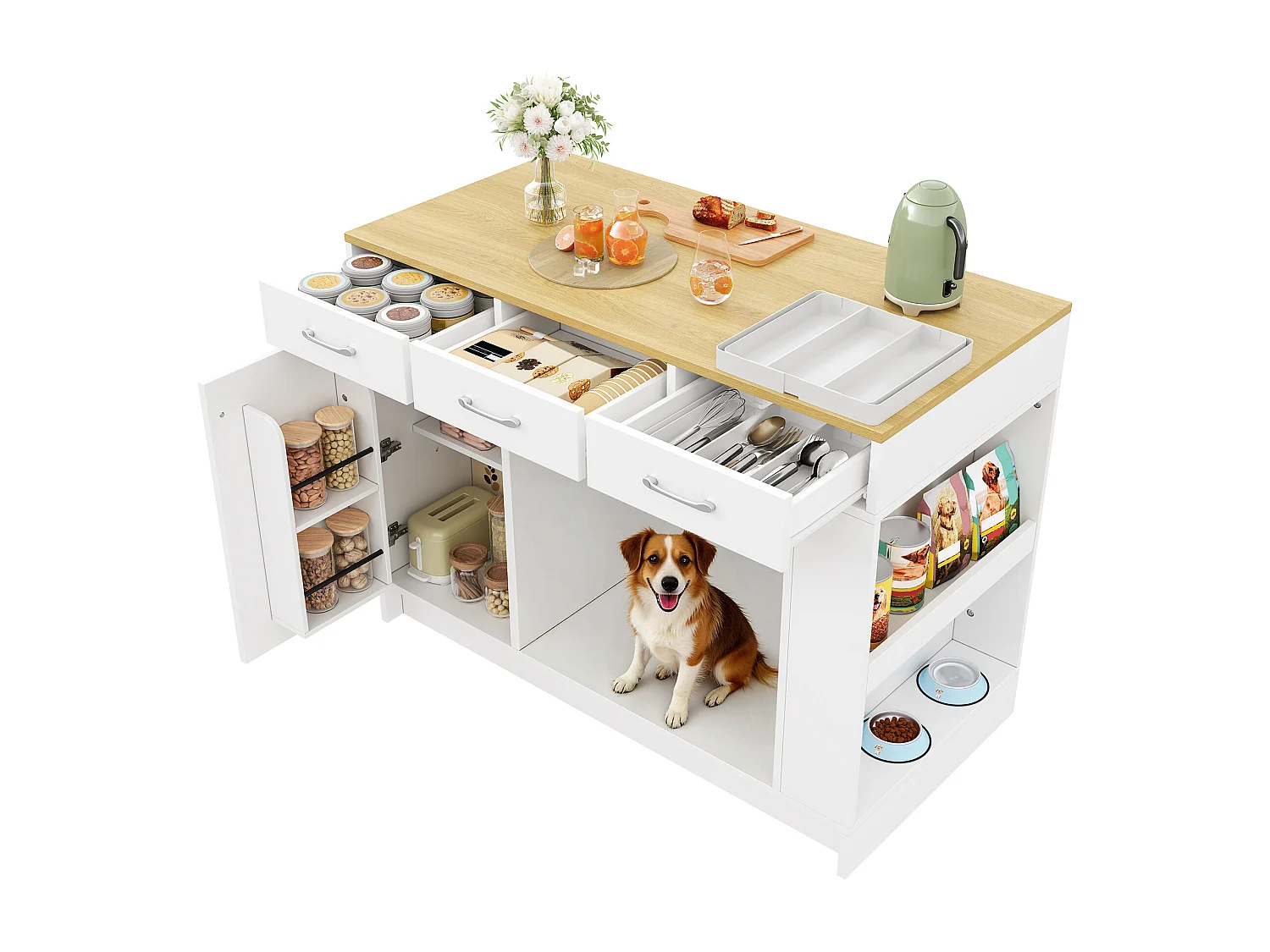 Îlot central cuisine - 120 x 60 x 90 cm - avec 3 tiroirs + 1 porte + espace pour animaux - MDF - blanc + naturel