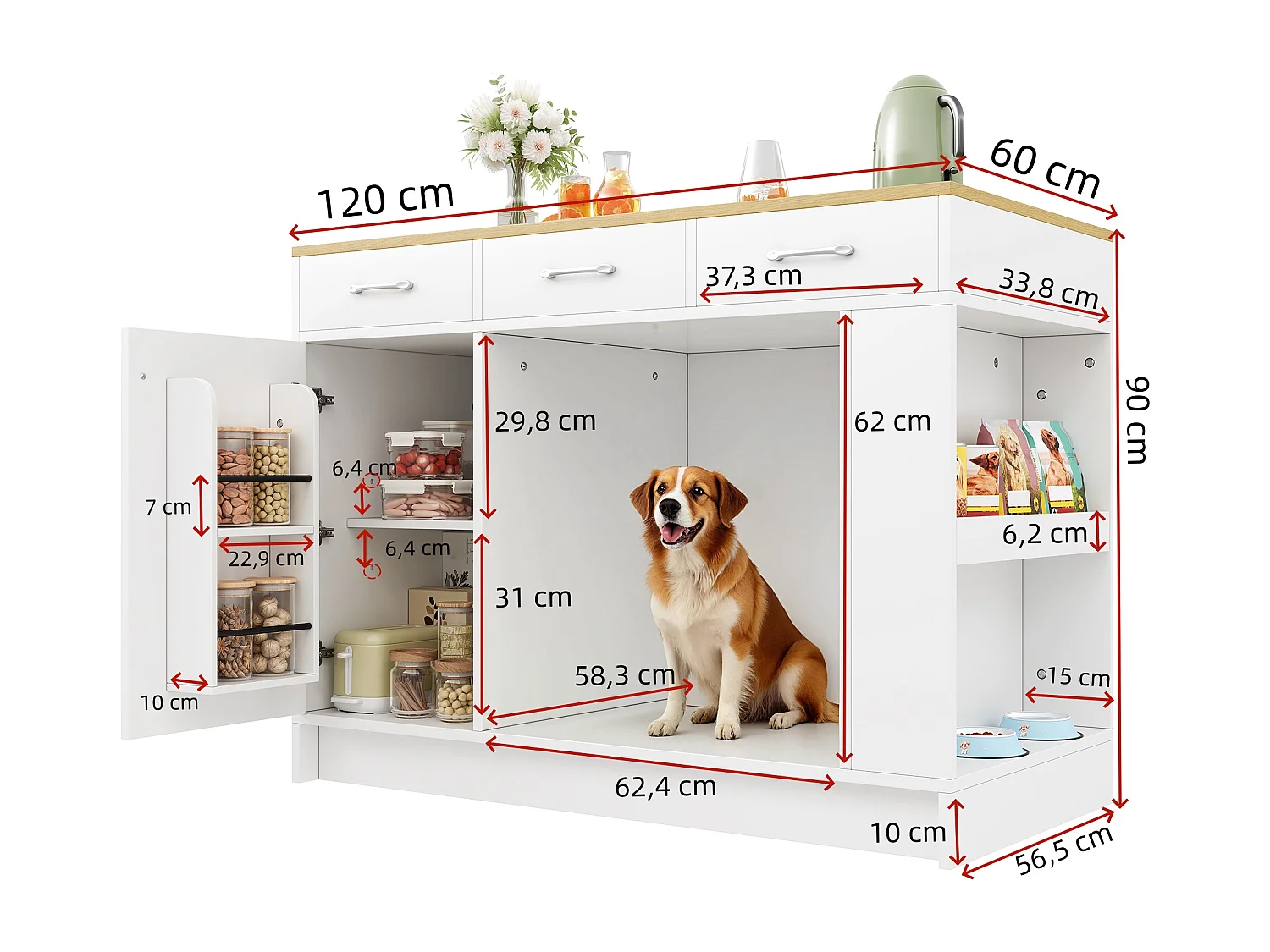 Îlot central cuisine - 120 x 60 x 90 cm - avec 3 tiroirs + 1 porte + espace pour animaux - MDF - blanc + naturel