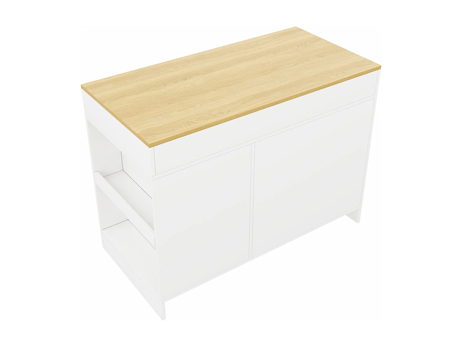 Îlot central cuisine - 120 x 60 x 90 cm - avec 3 tiroirs + 1 porte + espace pour animaux - MDF - blanc + naturel