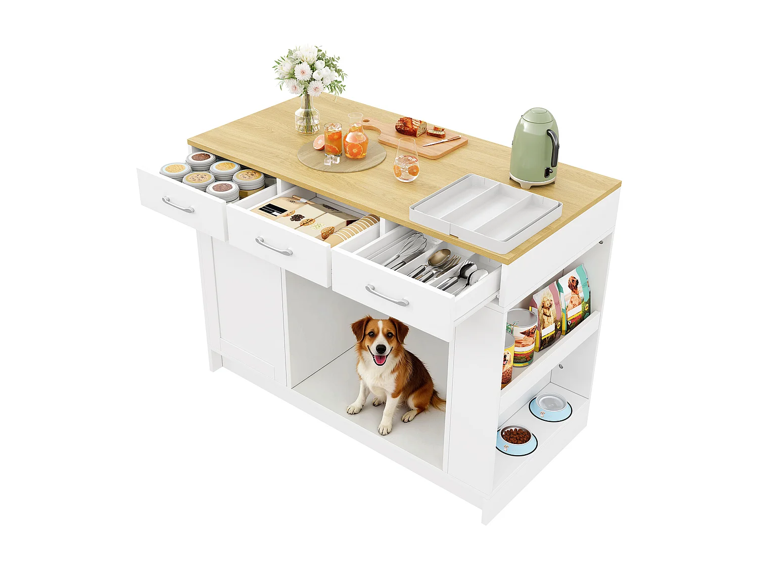 Îlot central cuisine - 120 x 60 x 90 cm - avec 3 tiroirs + 1 porte + espace pour animaux - MDF - blanc + naturel