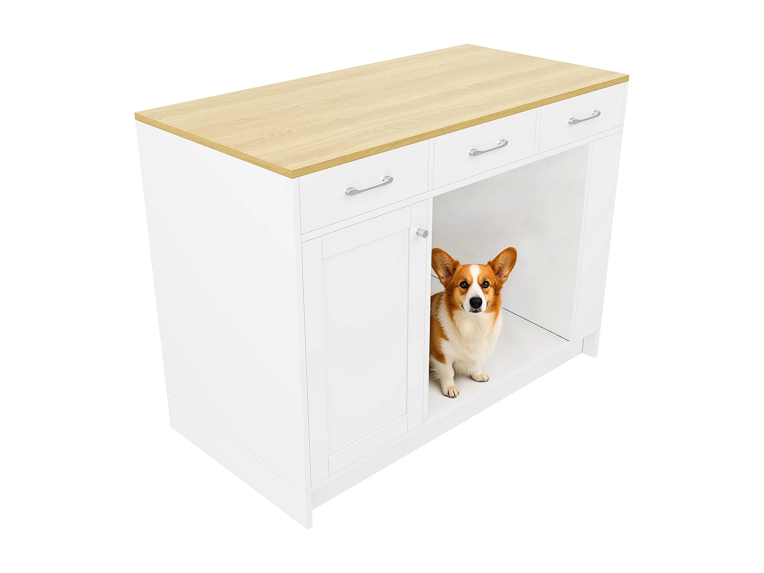 Îlot central cuisine - 120 x 60 x 90 cm - avec 3 tiroirs + 1 porte + espace pour animaux - MDF - blanc + naturel