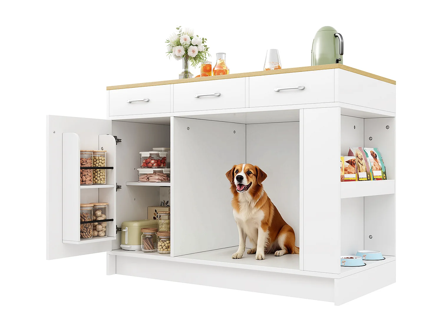 Îlot central cuisine - 120 x 60 x 90 cm - avec 3 tiroirs + 1 porte + espace pour animaux - MDF - blanc + naturel