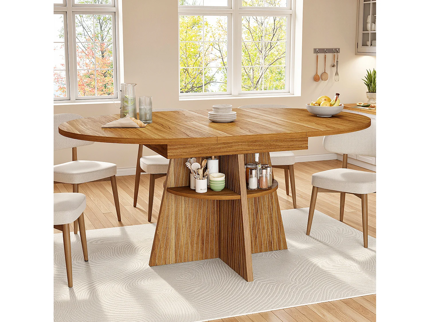 Table à manger extensible - 110/150 x 110 x 76 cm - pour 4 à 6 personnes - avec rangement - MDF - marron