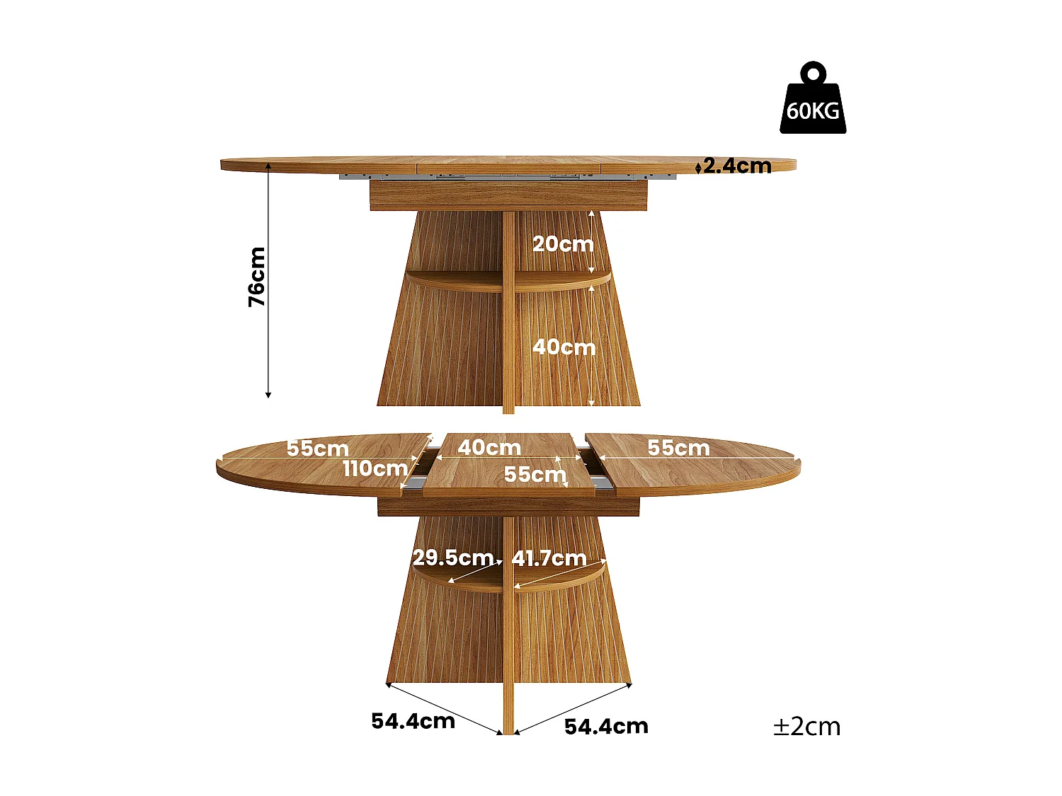 Table à manger extensible - 110/150 x 110 x 76 cm - pour 4 à 6 personnes - avec rangement - MDF - marron