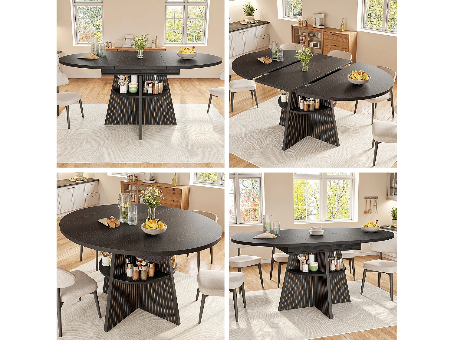 Table à manger extensible - 110/150 x 110 x 76 cm - pour 4 à 6 personnes - avec rangement - MDF - noir