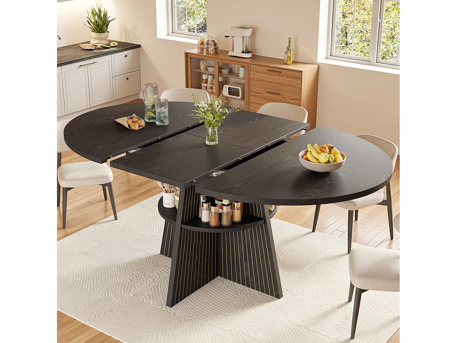 Table à manger extensible - 110/150 x 110 x 76 cm - pour 4 à 6 personnes - avec rangement - MDF - noir