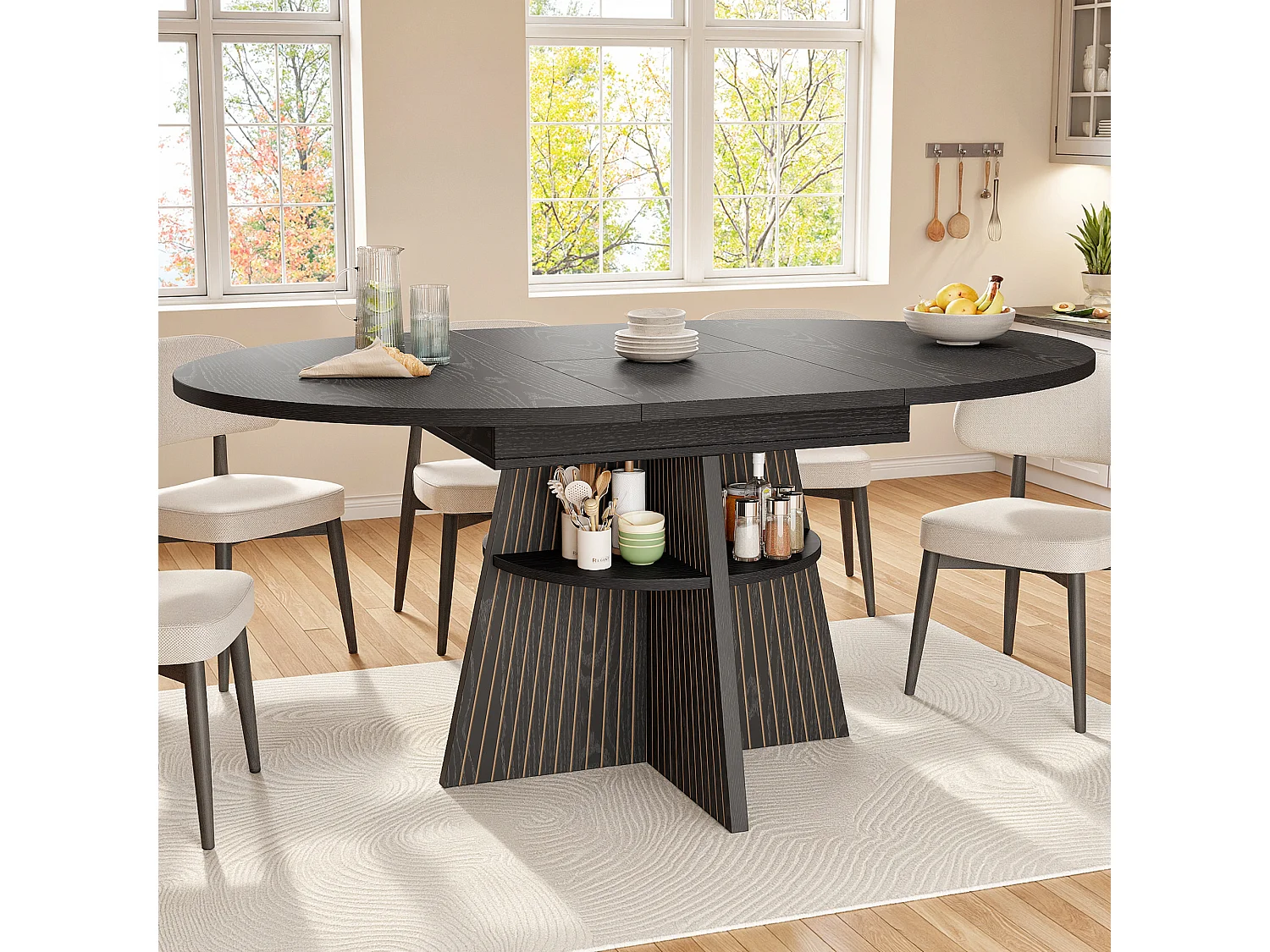 Table à manger extensible - 110/150 x 110 x 76 cm - pour 4 à 6 personnes - avec rangement - MDF - noir