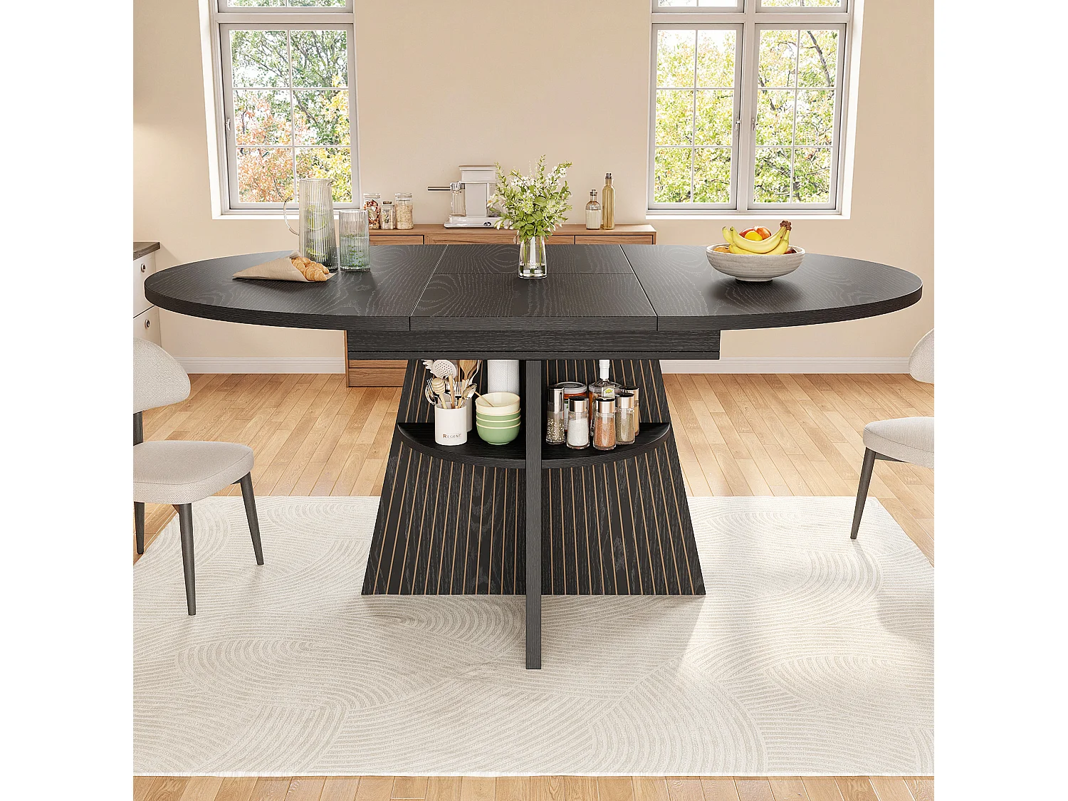 Table à manger extensible - 110/150 x 110 x 76 cm - pour 4 à 6 personnes - avec rangement - MDF - noir