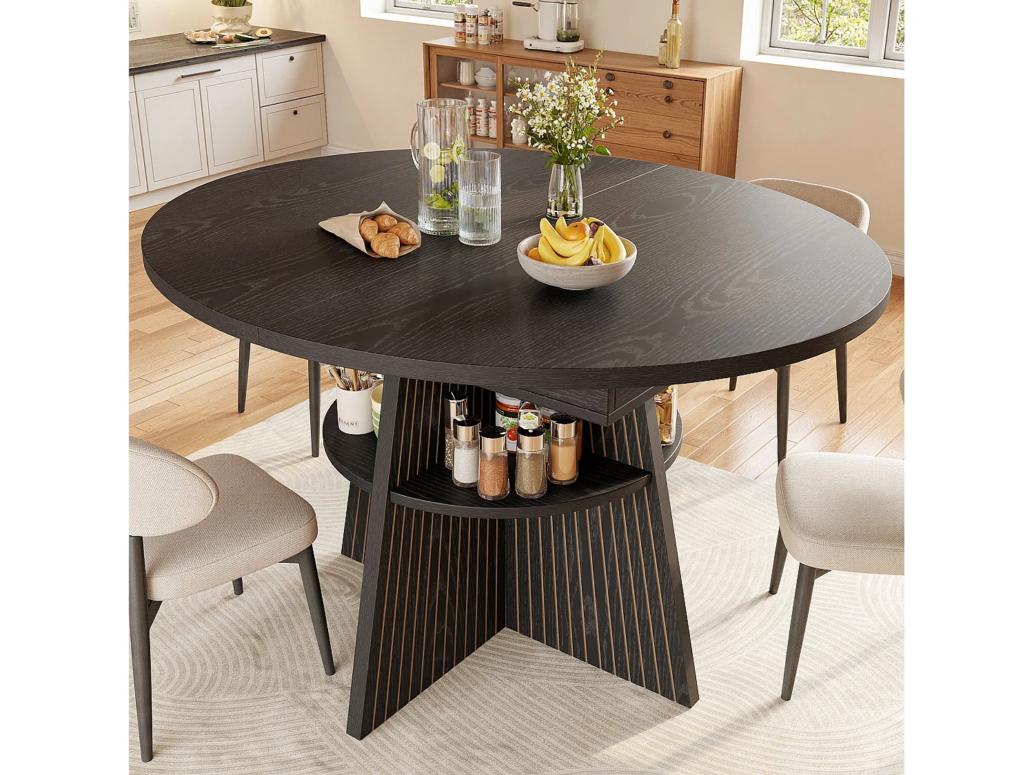 Table à manger extensible - 110/150 x 110 x 76 cm - pour 4 à 6 personnes - avec rangement - MDF - noir