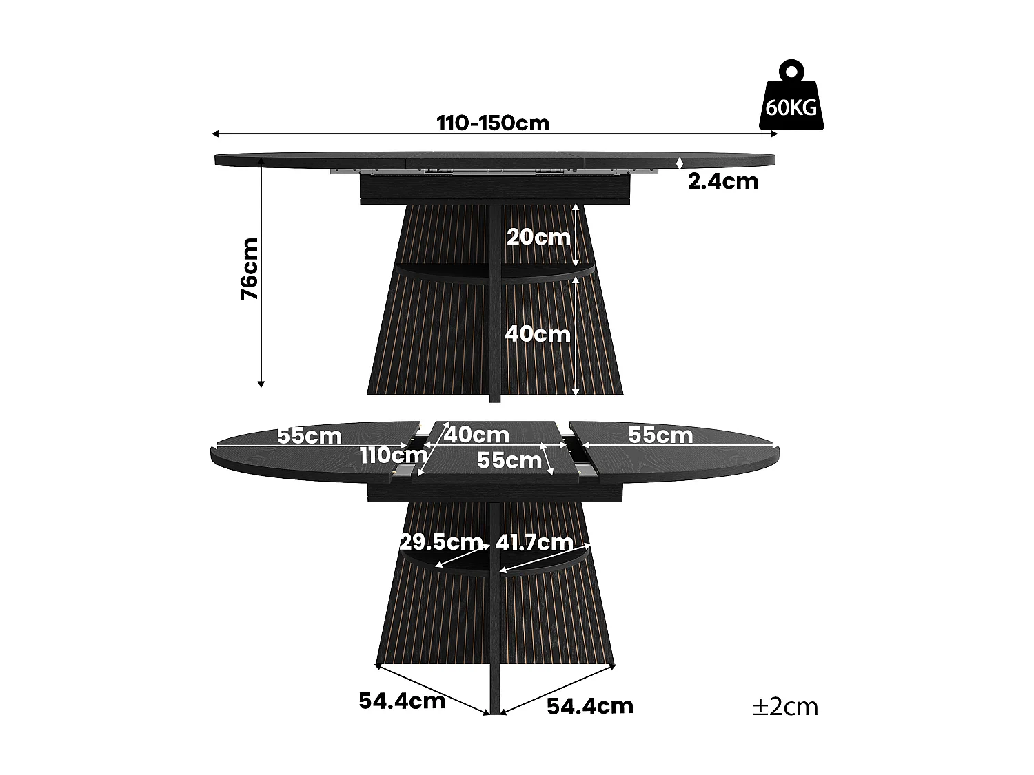 Table à manger extensible - 110/150 x 110 x 76 cm - pour 4 à 6 personnes - avec rangement - MDF - noir