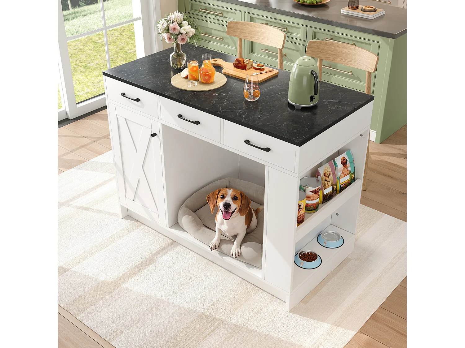 Îlot central cuisine - 120 x 60 x 90 cm - avec 3 tiroirs + 1 porte + espace pour animaux - MDF - blanc + noir
