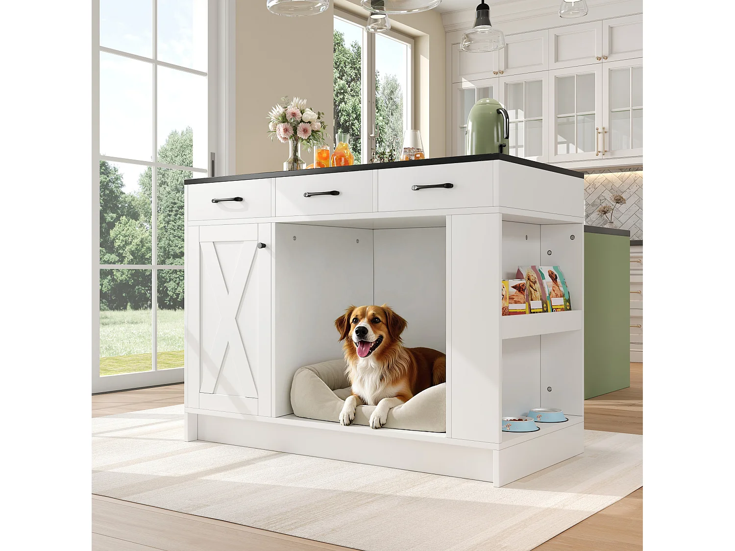 Îlot central cuisine - 120 x 60 x 90 cm - avec 3 tiroirs + 1 porte + espace pour animaux - MDF - blanc + noir