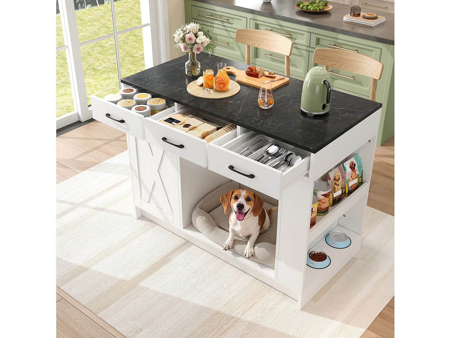 Îlot central cuisine - 120 x 60 x 90 cm - avec 3 tiroirs + 1 porte + espace pour animaux - MDF - blanc + noir