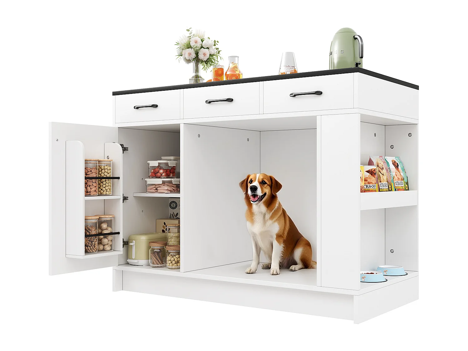 Îlot central cuisine - 120 x 60 x 90 cm - avec 3 tiroirs + 1 porte + espace pour animaux - MDF - blanc + noir