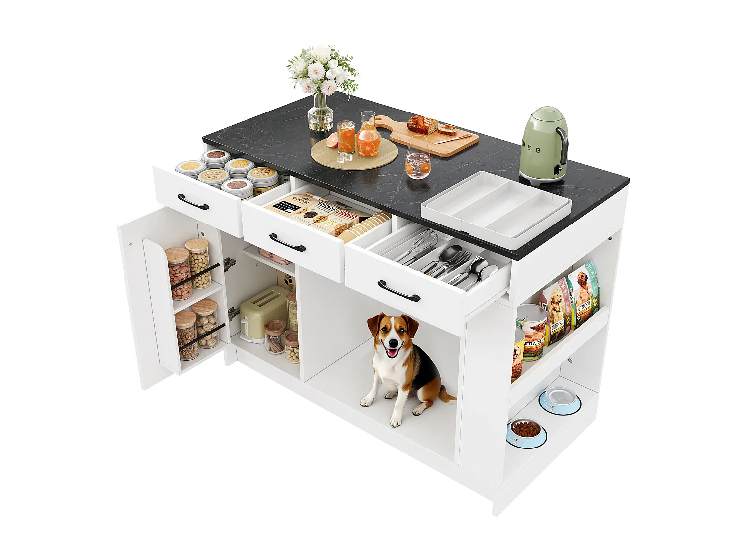 Îlot central cuisine - 120 x 60 x 90 cm - avec 3 tiroirs + 1 porte + espace pour animaux - MDF - blanc + noir