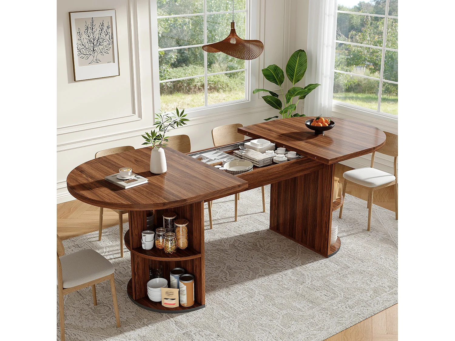 Table à manger extensible - 120/160 x 80 x 76 cm - pour 4 à 6 personnes - avec rangement - MDF - marron