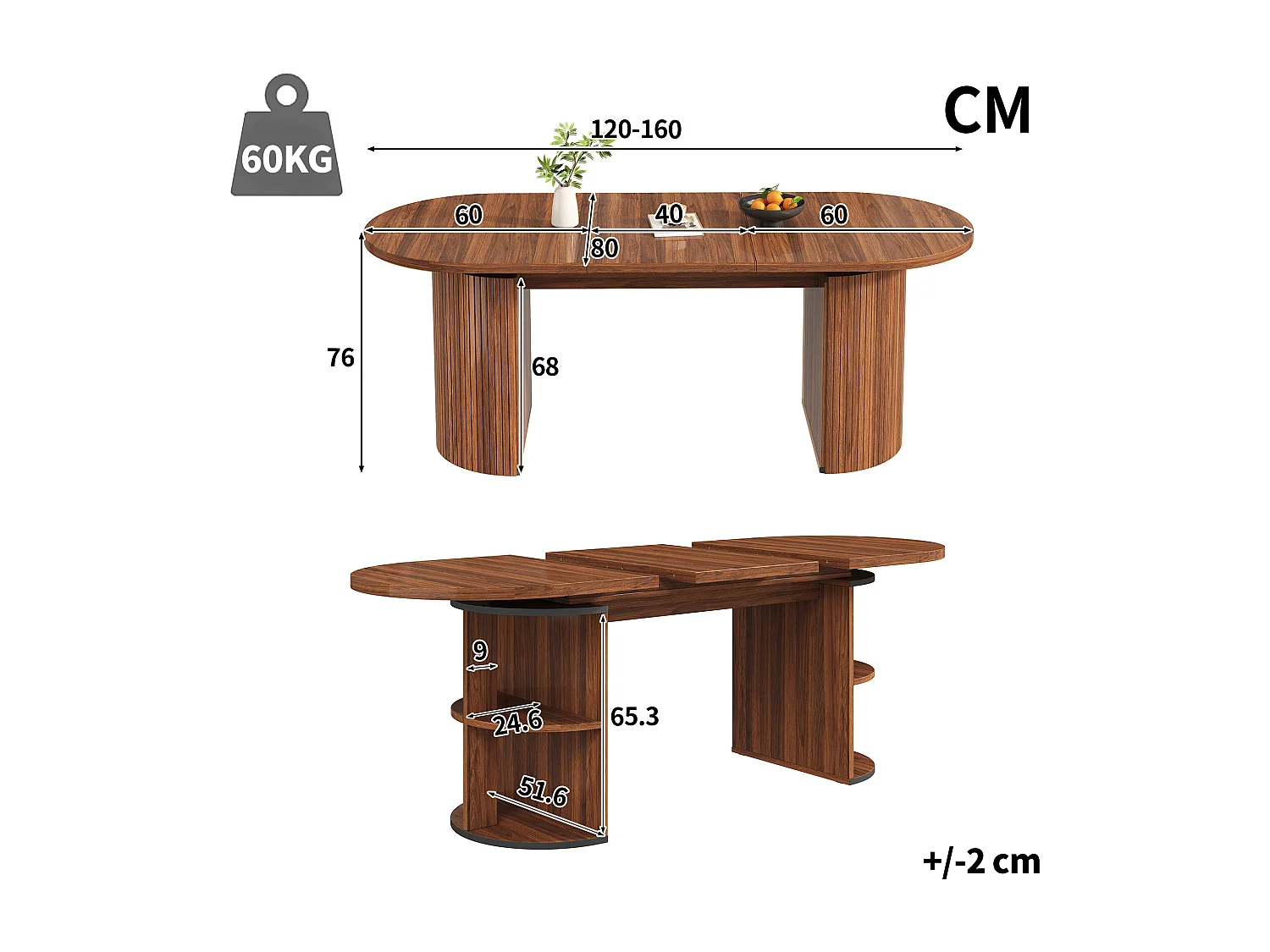 Table à manger extensible - 120/160 x 80 x 76 cm - pour 4 à 6 personnes - avec rangement - MDF - marron