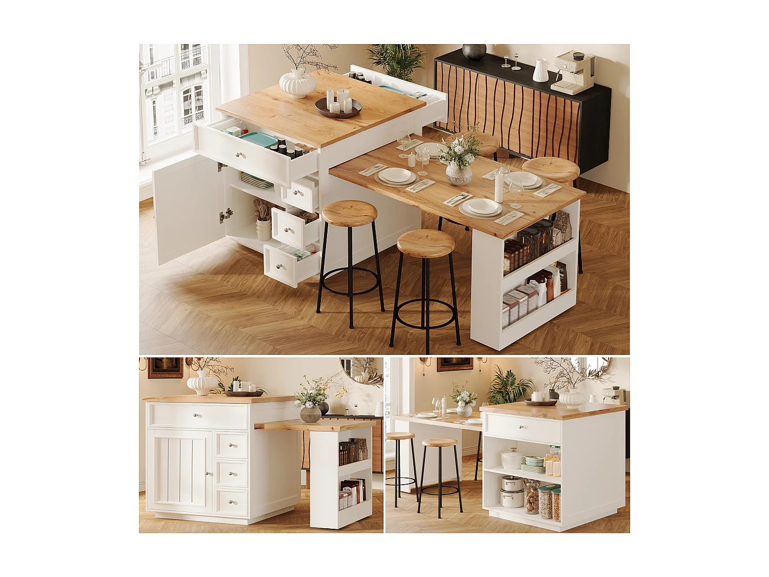 Îlot central plateau extensible - 120/184 x 70 x 94 cm - avec tiroirs + roulettes + porte - MDF - blanc