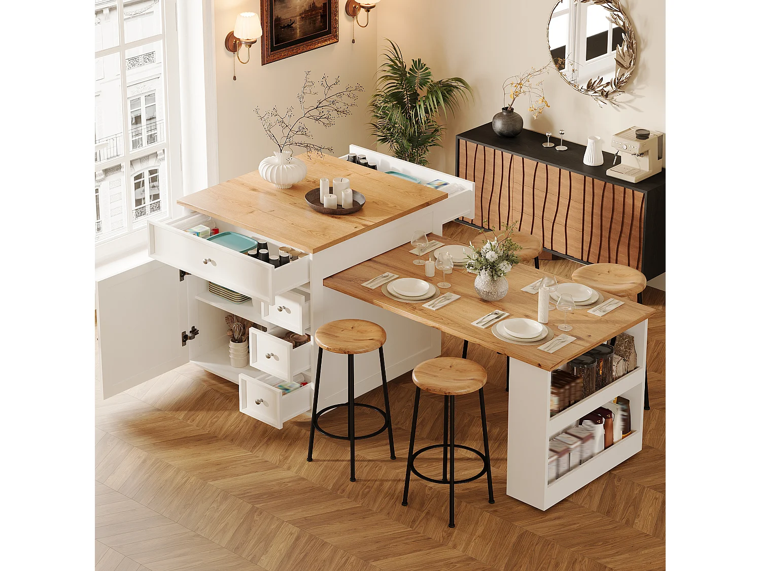 Îlot central plateau extensible - 120/184 x 70 x 94 cm - avec tiroirs + roulettes + porte - MDF - blanc