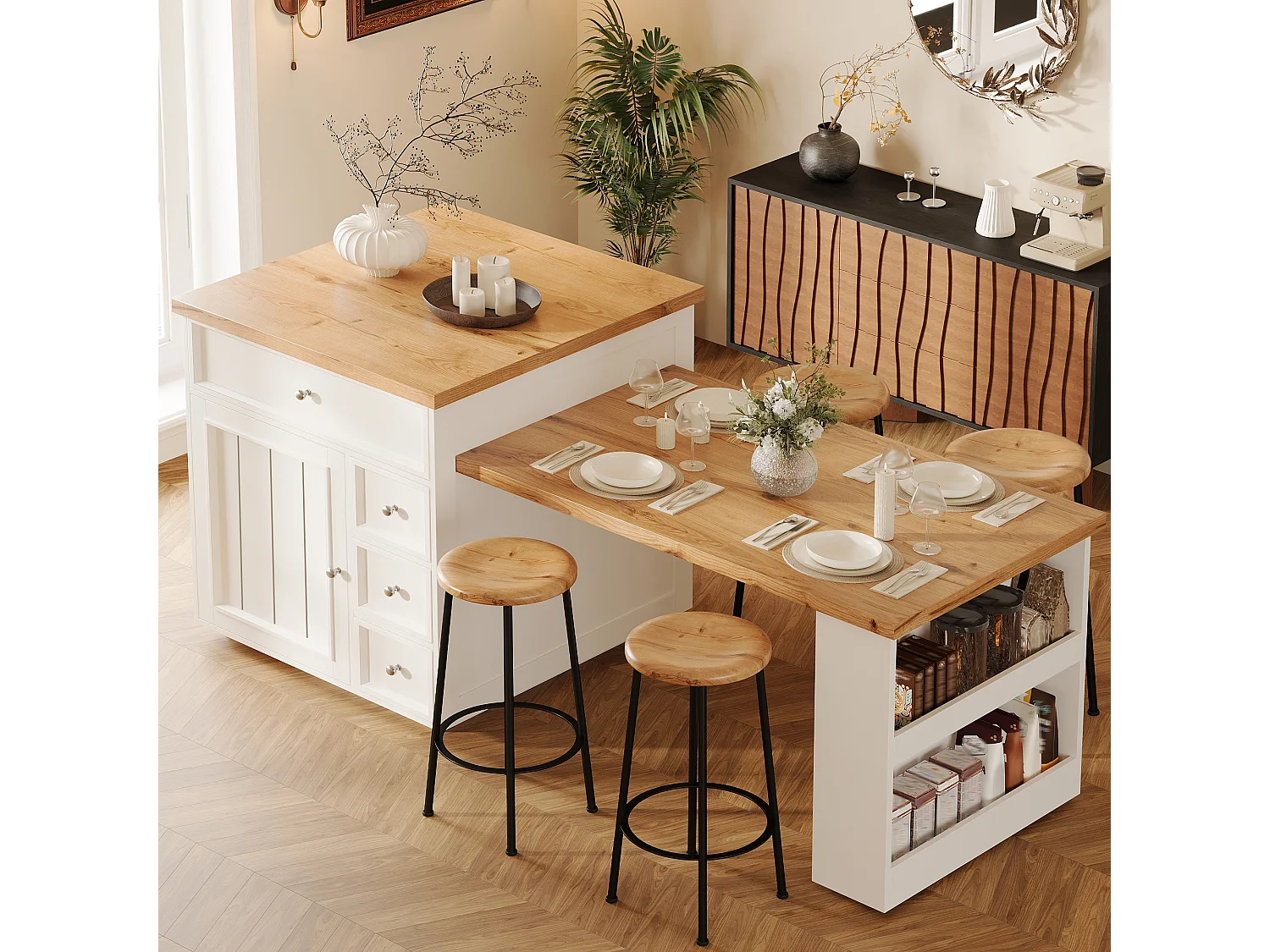 Îlot central plateau extensible - 120/184 x 70 x 94 cm - avec tiroirs + roulettes + porte - MDF - blanc