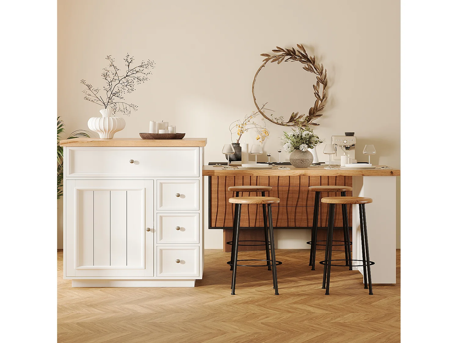 Îlot central plateau extensible - 120/184 x 70 x 94 cm - avec tiroirs + roulettes + porte - MDF - blanc