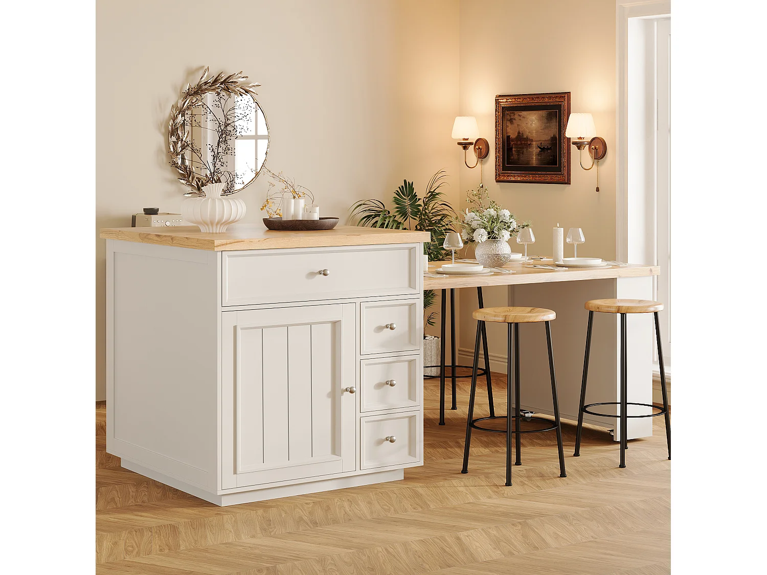 Îlot central plateau extensible - 120/184 x 70 x 94 cm - avec tiroirs + roulettes + porte - MDF - blanc