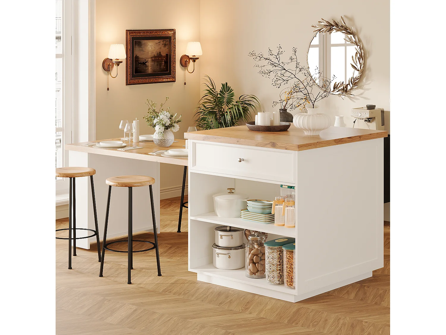 Îlot central plateau extensible - 120/184 x 70 x 94 cm - avec tiroirs + roulettes + porte - MDF - blanc
