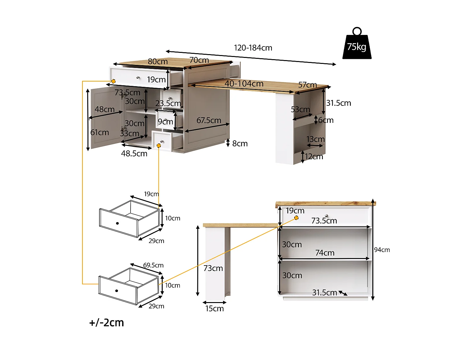 Îlot central plateau extensible - 120/184 x 70 x 94 cm - avec tiroirs + roulettes + porte - MDF - blanc