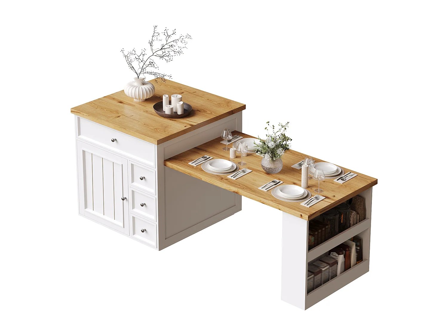 Îlot central plateau extensible - 120/184 x 70 x 94 cm - avec tiroirs + roulettes + porte - MDF - blanc