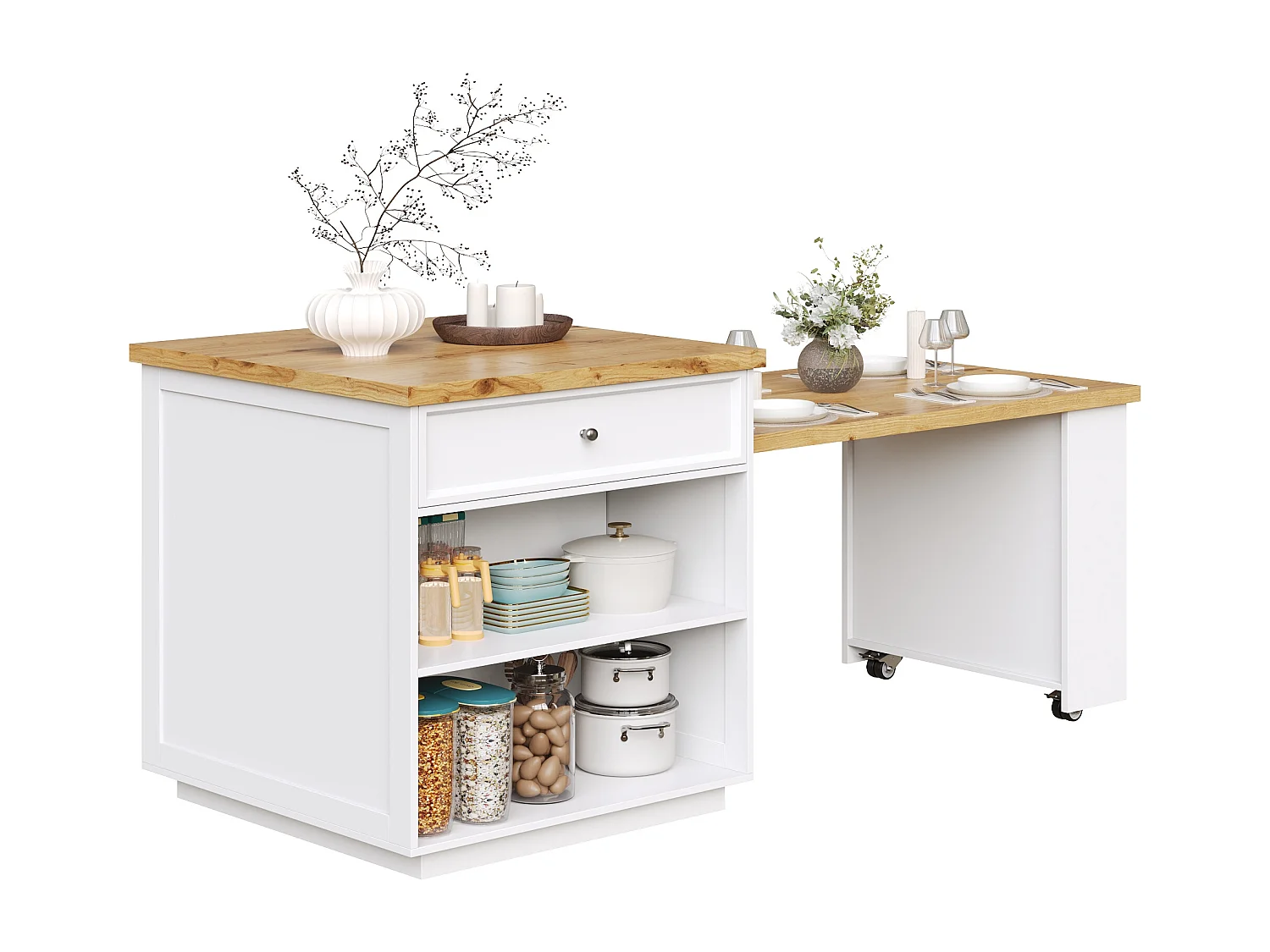 Îlot central plateau extensible - 120/184 x 70 x 94 cm - avec tiroirs + roulettes + porte - MDF - blanc